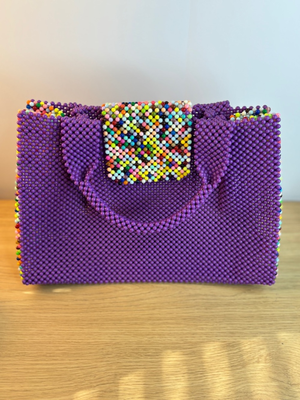 Purple Acrylic Beaded Handbag with Multicolor Sides & Snap Flap